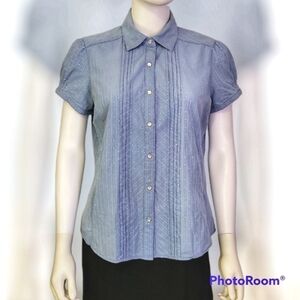 Vtg ARIAT Western Pintucked Metallic Pin Dot Puff Sleeve Snap Landgirl Shirt